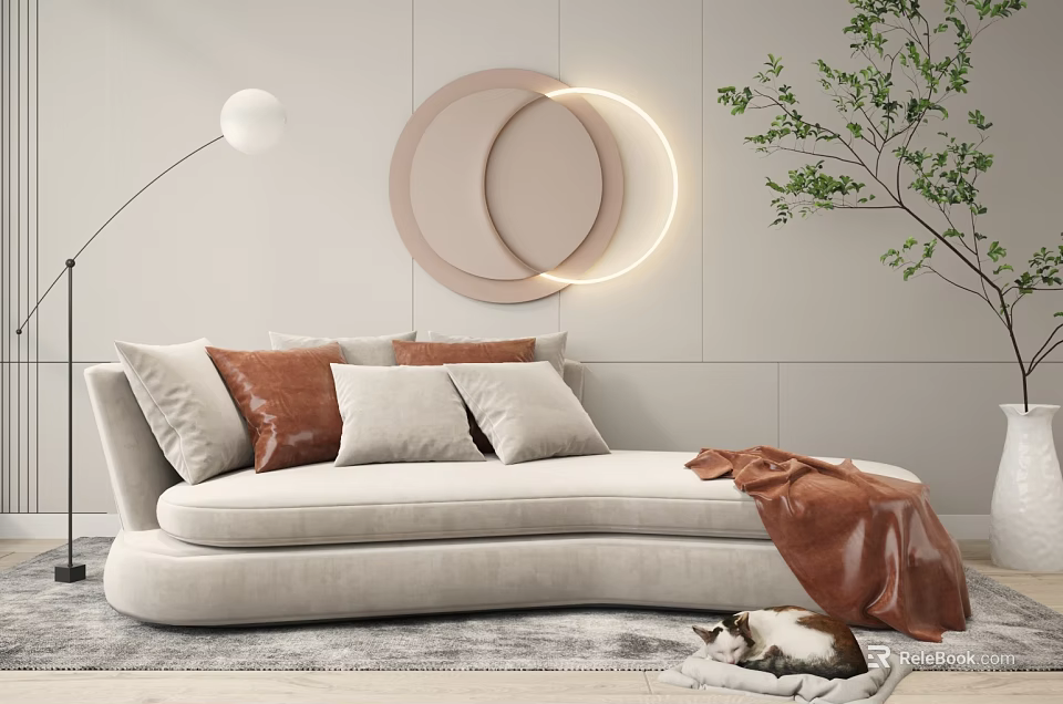 Curved Beige Sectional Sofa With Pillows Blanket Floor Lamp Decorative Mirrors Green Plant And Cat 3d model 