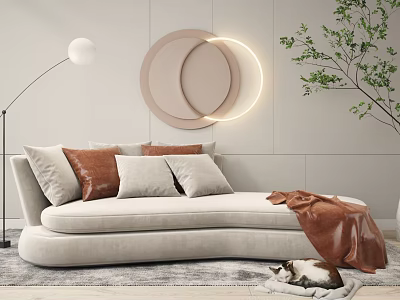 Curved Beige Sectional Sofa With Pillows Blanket Floor Lamp Decorative Mirrors Green Plant And Cat 3d model
