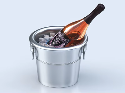 Chilled Wine Bottle In Silver Ice Bucket With Fresh Ice Cubes 3d model