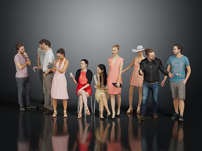 Group of Diverse People in Different Poses and Casual Attire Standing Together 3d model
