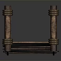 Wooden Garden Bridge With Rustic Rope Railings And Decorative Support Posts