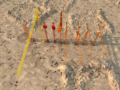 Industrial Equipment Cranes Operating At Construction Site On Sand Terrain With Multiple Units 3d model