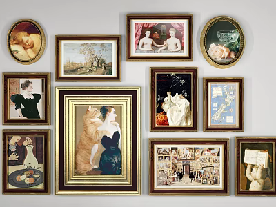 Diverse Framed Artworks Collection On Wall With Various Themes And Styles 3d model