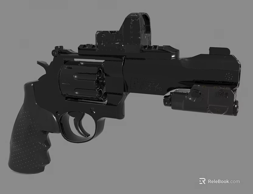 Black Tactical Revolver With Cylinder Grip Adjustable Sight And Tactical Light 3d model 
