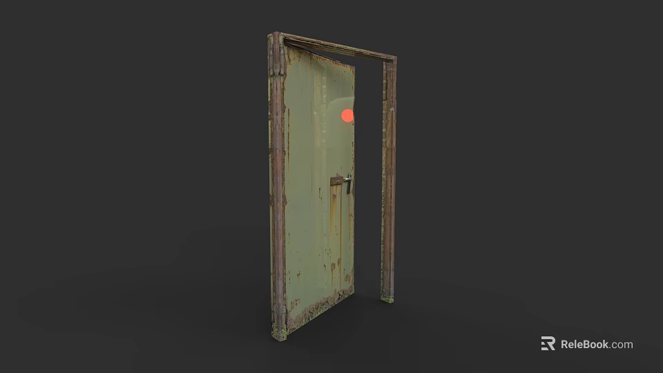 Old Rusted Metal Door With Open Frame And Red Circular Sign 3d model 