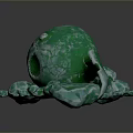 Green Cracked Stone Sphere With Scattered Broken Fragments On Surface