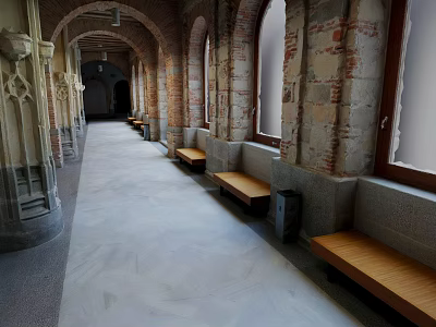 Traditional Elevator Corridor Featuring Arched Ceiling Stone Walls Wooden Benches Windows And Stone Floor 3d model