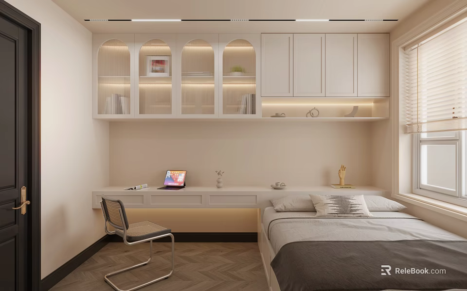 Modern Tatami Bedroom Interior Design With White Cabinets Desk Laptop And Window 3d model 