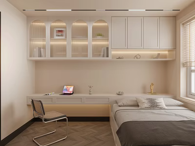 Modern Tatami Bedroom Interior Design With White Cabinets Desk Laptop And Window 3d model
