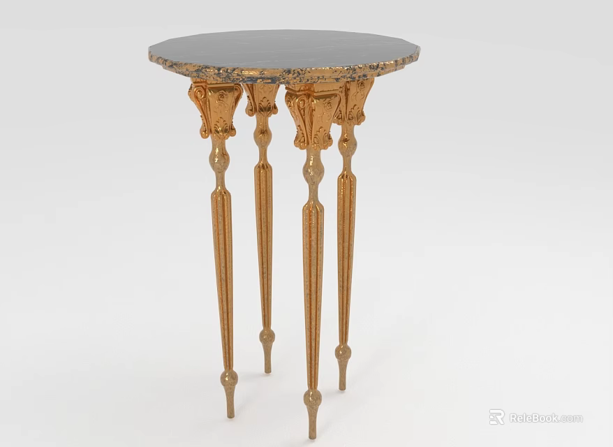 Ornate Round Accent Table With Golden Carved Legs And Dark Surface 3d model 