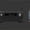 Dark Colored AV Receiver With Knobs Display Screen Ventilation Grilles Antennas And Remote Control