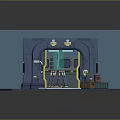 Cartoon Scene Featuring Blue Room Green Machine Yellow Characters Equipment Wires And Brown Boxes