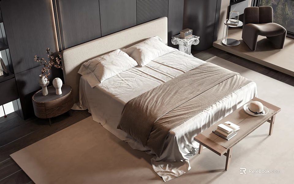 Double Bed In Modern Bedroom With White Sheets Light Brown Blanket And Decorative Bedside Tables 3d model 