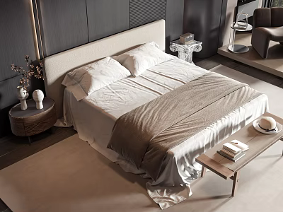 Double Bed In Modern Bedroom With White Sheets Light Brown Blanket And Decorative Bedside Tables 3d model