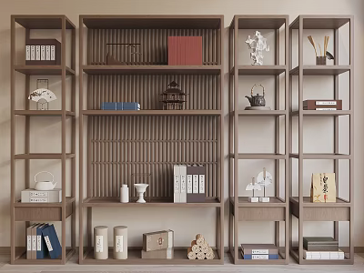 Chinese Style Wooden Display Shelf With Books Tea Sets And Decorative Items 3d model