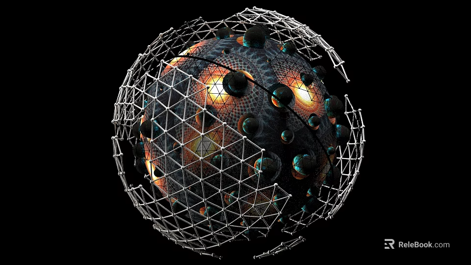 Spherical Art Installation Featuring Wireframe Structure Illuminated Elements And Black Spheres 3d model 