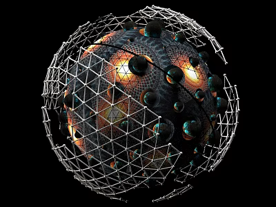 Spherical Art Installation Featuring Wireframe Structure Illuminated Elements And Black Spheres 3d model