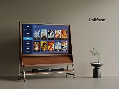 Poliform Smart TV With Wooden Frame And Metal Stand Displaying Movie Posters Near Plant 3d model