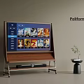 Poliform Smart TV With Wooden Frame And Metal Stand Displaying Movie Posters Near Plant
