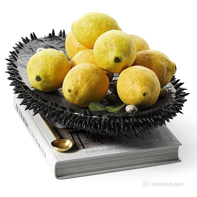 Fresh Lemons On Black Plate With Spiky Edges On An Organic Book And Small Spoon 3d model 