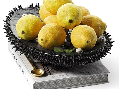 Fresh Lemons On Black Plate With Spiky Edges On An Organic Book And Small Spoon 3d model
