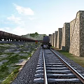 Utility Vehicle on Railway Track Alongside Stone Wall and Manual Tunnel Entrance