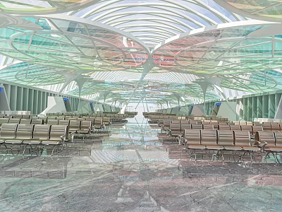 Modern Railway Station Waiting Hall With Transparent Dome Metal Seats And Marble Floor 3d model