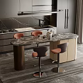 Elegant Modern Kitchen Bar Counter With Marble Top And Brown Bar Stools In Open Layout