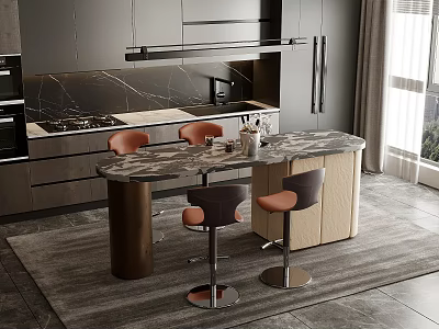 Elegant Modern Kitchen Bar Counter With Marble Top And Brown Bar Stools In Open Layout 3d model