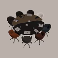 Modern Conference Table Setup With Multicolor Office Chairs Water Bottles And Documents