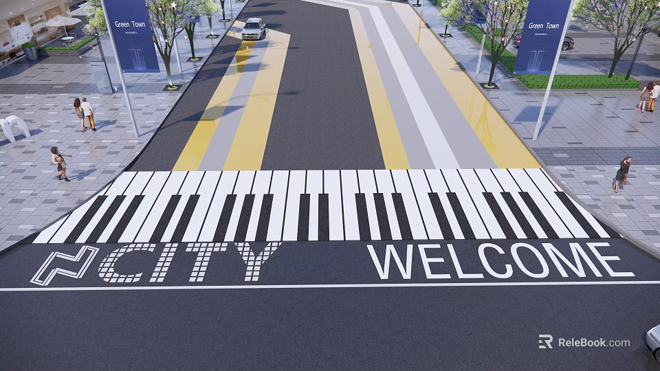 Road Facilities With Piano Keyboard Crosswalk Featuring City Welcome Text And Yellow White Stripes 3d model 
