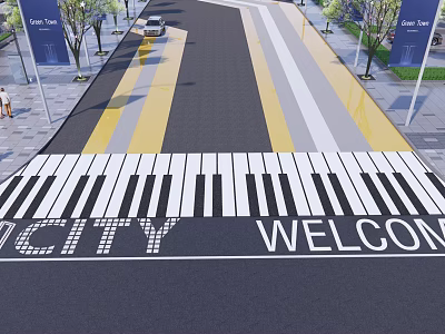Road Facilities With Piano Keyboard Crosswalk Featuring City Welcome Text And Yellow White Stripes 3d model