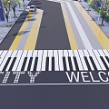 Road Facilities With Piano Keyboard Crosswalk Featuring City Welcome Text And Yellow White Stripes
