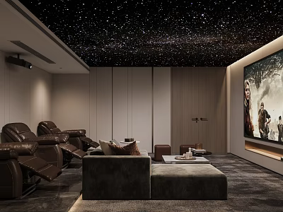 Modern Home Theater With Starry Ceiling Large Projection Screen And Comfortable Leather Seating 3d model