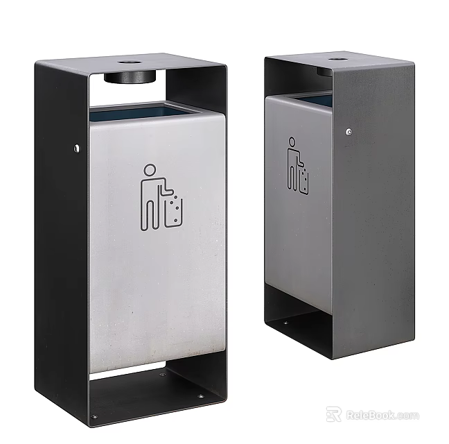Public Stainless Steel Trash Bins With Black Frame And Waste Disposal Icon 3d model 