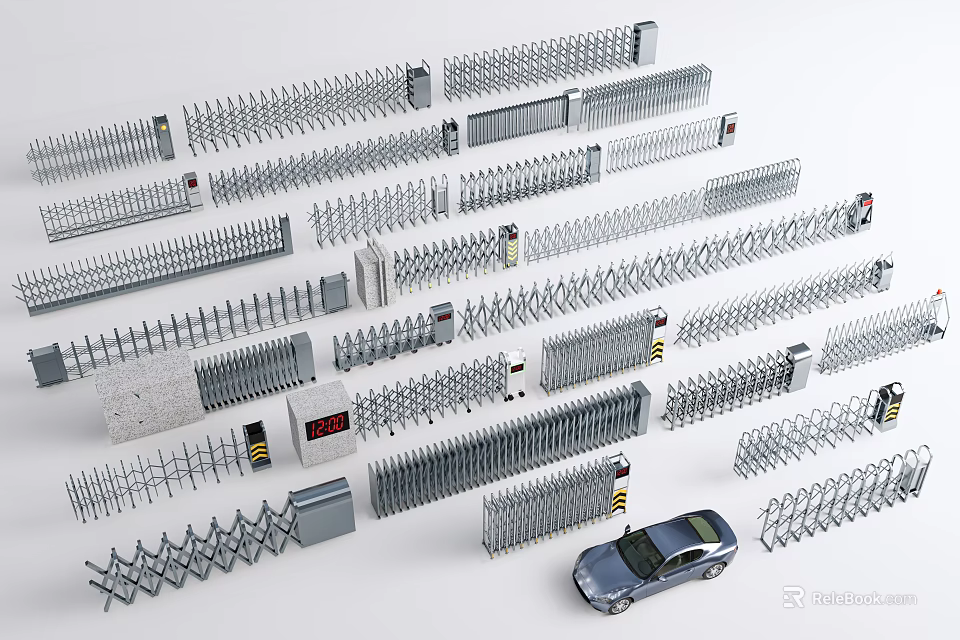 Various Metal Fences Retractable Gates And Security Barriers With Car 3d model 