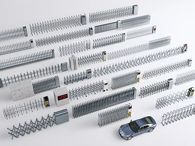 Various Metal Fences Retractable Gates And Security Barriers With Car 3d model