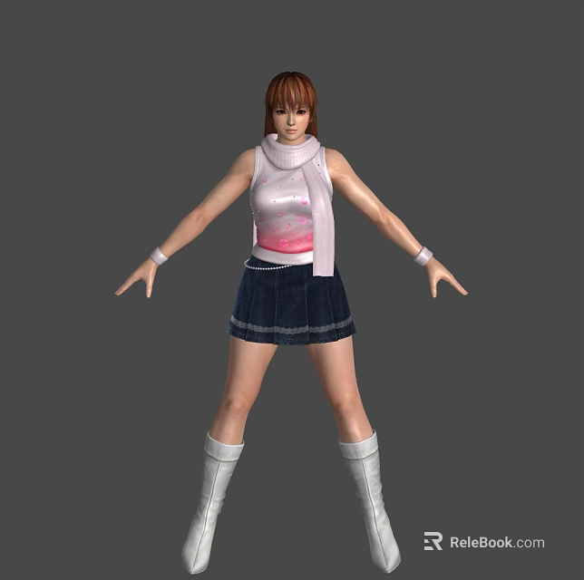 Woman Wearing Pink Sleeveless Top Pink Scarf Blue Denim Skirt White Boots White Wristbands 3d model 