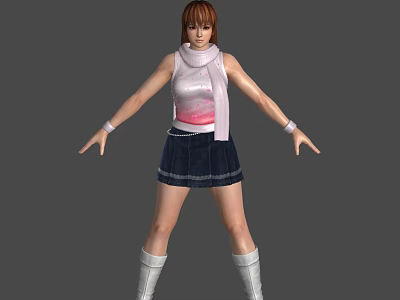 Woman Wearing Pink Sleeveless Top Pink Scarf Blue Denim Skirt White Boots White Wristbands 3d model