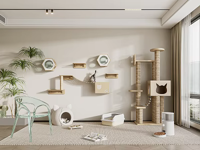Cozy Pet Supplies Corner With Cat Tree Wall Shelves Bed And Green Plants 3d model