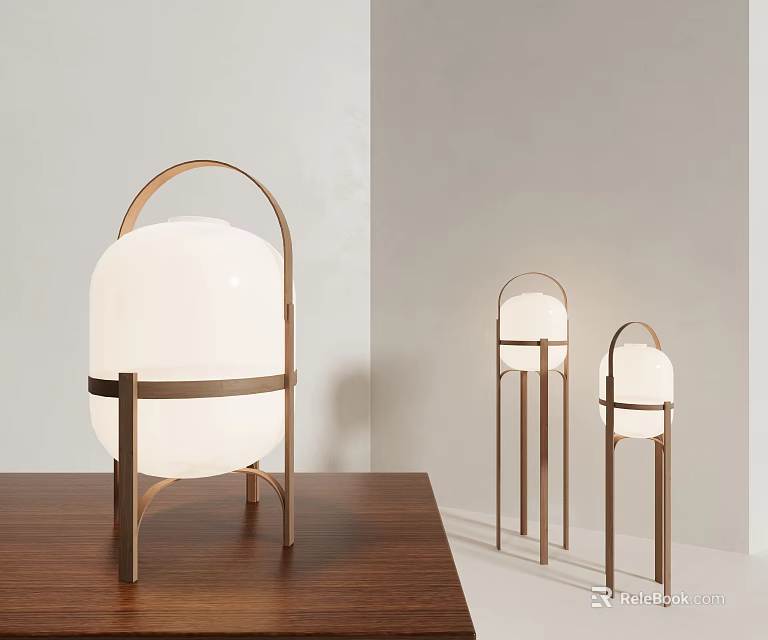 Modern Table Lamps with Brass Frame and White Globe Shade on Wooden Table 3d model 