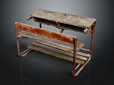 Vintage Wooden Desk With Worn Surface And Metal Frame Structure 3d model