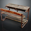 Vintage Wooden Desk With Worn Surface And Metal Frame Structure