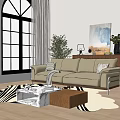 Modern Living Room Interior Design With Arch Windows Beige Sofa And Wooden Coffee Table