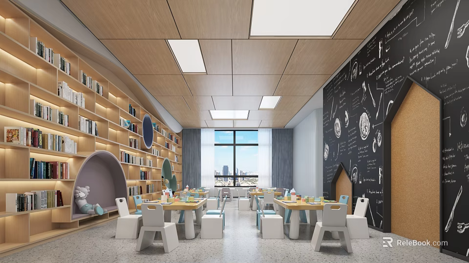 Kindergarten Classroom With Reading Nook Bookshelves Tables Blackboard Wall And Natural Light 3d model 