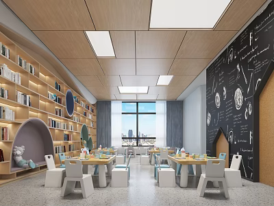 Kindergarten Classroom With Reading Nook Bookshelves Tables Blackboard Wall And Natural Light 3d model