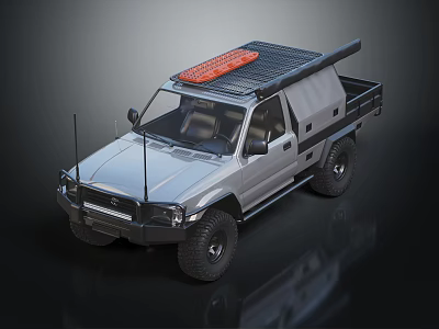 Silver Off Road Pickup Truck With Roof Rack And Orange Cargo On Top 3d model
