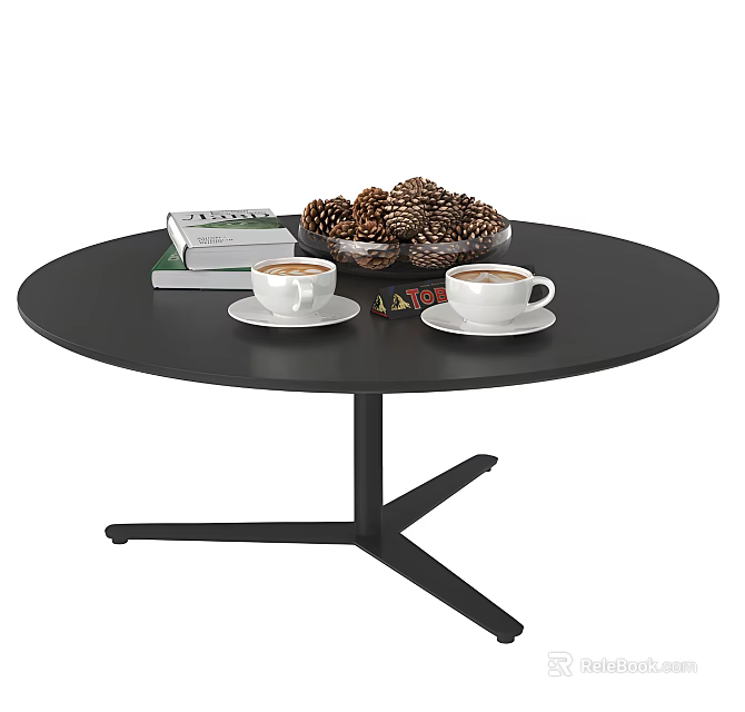Black Round Coffee Table With Two Coffee Cups White Saucers Books And Pinecone Bowl 3d model 