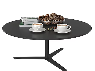 Black Round Coffee Table With Two Coffee Cups White Saucers Books And Pinecone Bowl 3d model