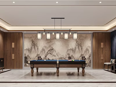 Elegant Billiard Room Interior With Billiard Table Landscape Painting Background Wooden Walls and Hanging Lights 3d model